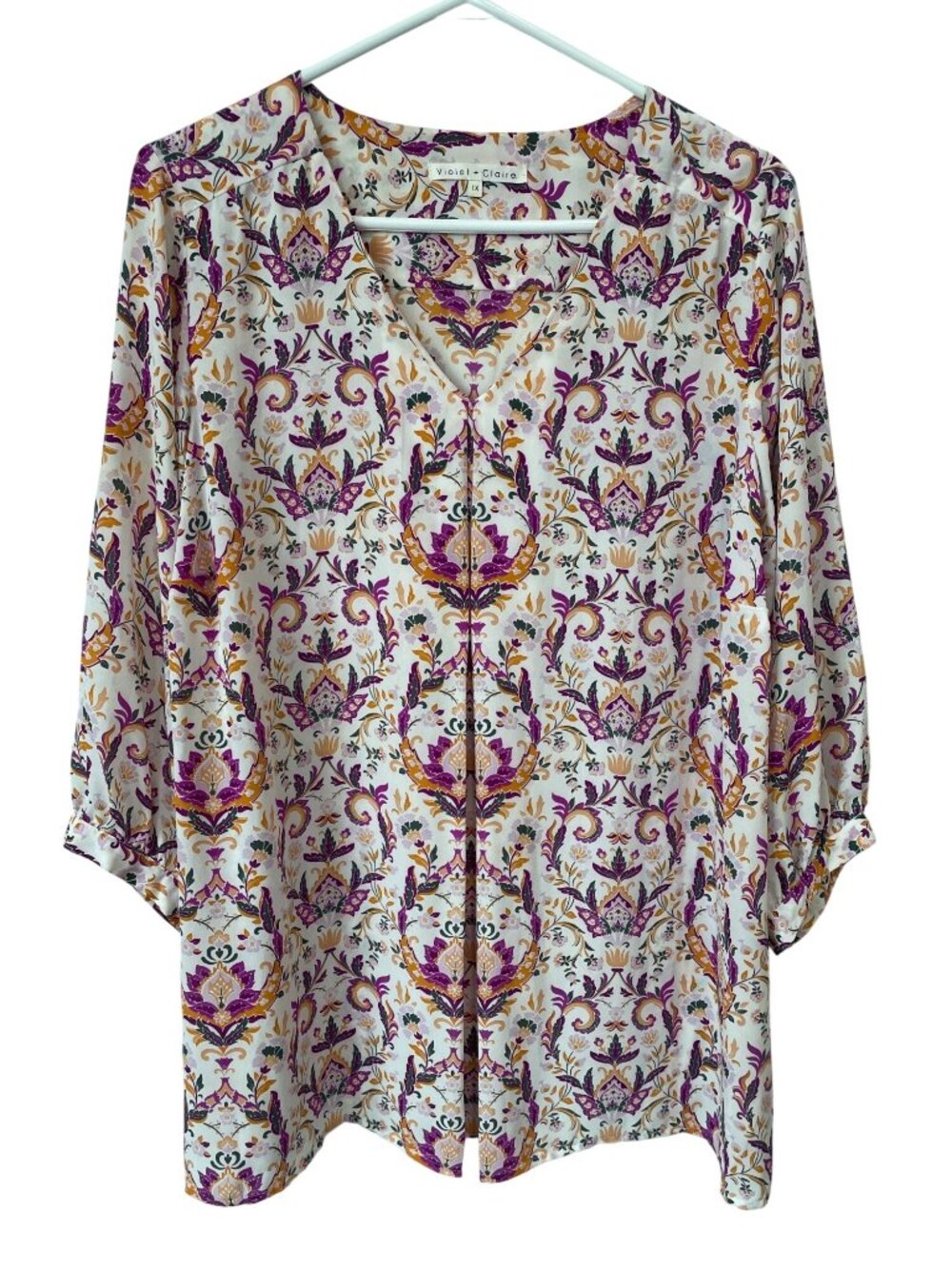 Violet + Claire Tunic Top Plus Size 1X Floral V-Neck 3/4 Sleeve Purple Bohemian
